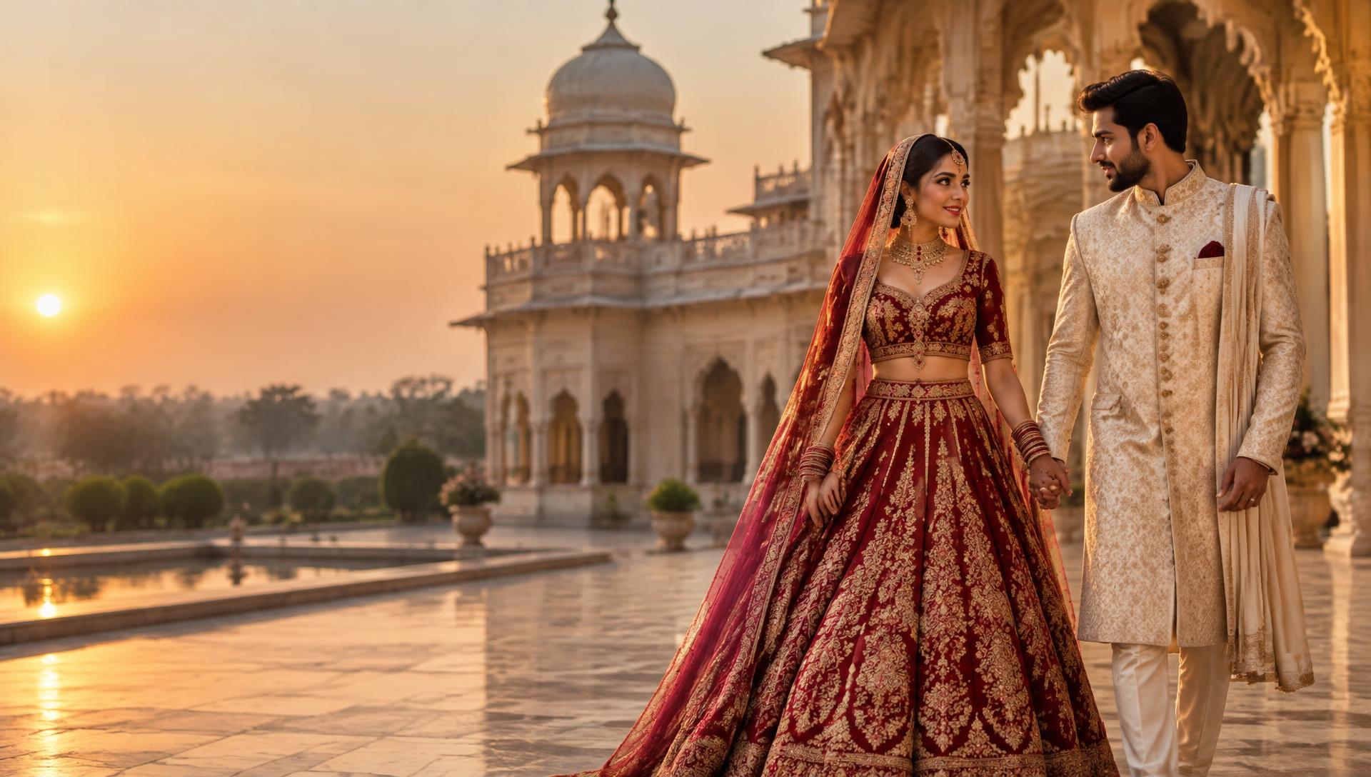 Bride and groom at a heritage palace at sunset